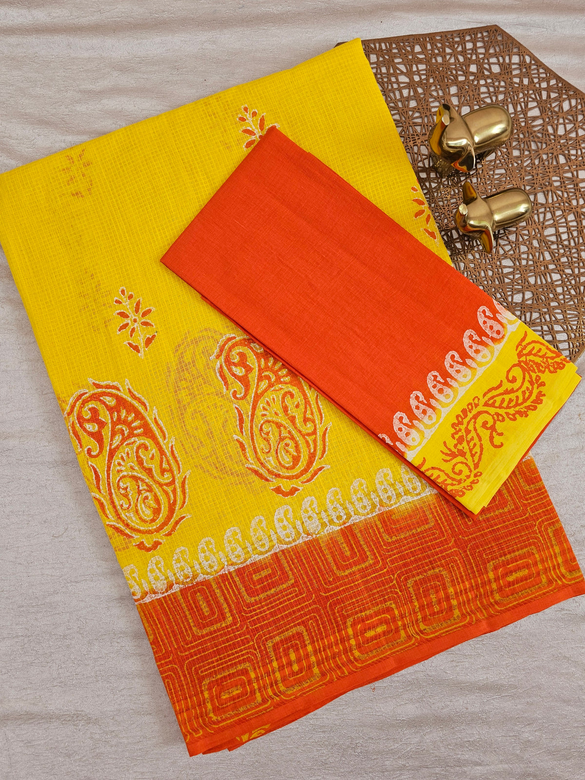 Pure Cotton with Checks Hand Block Prints - Yellow with Orange