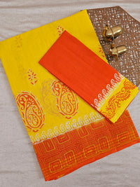 Pure Cotton with Checks Hand Block Prints - Yellow with Orange