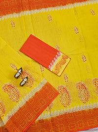 Pure Cotton with Checks Hand Block Prints - Yellow with Orange