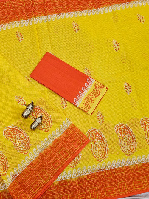 Pure Cotton with Checks Hand Block Prints - Yellow with Orange