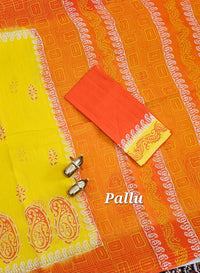 Pure Cotton with Checks Hand Block Prints - Yellow with Orange