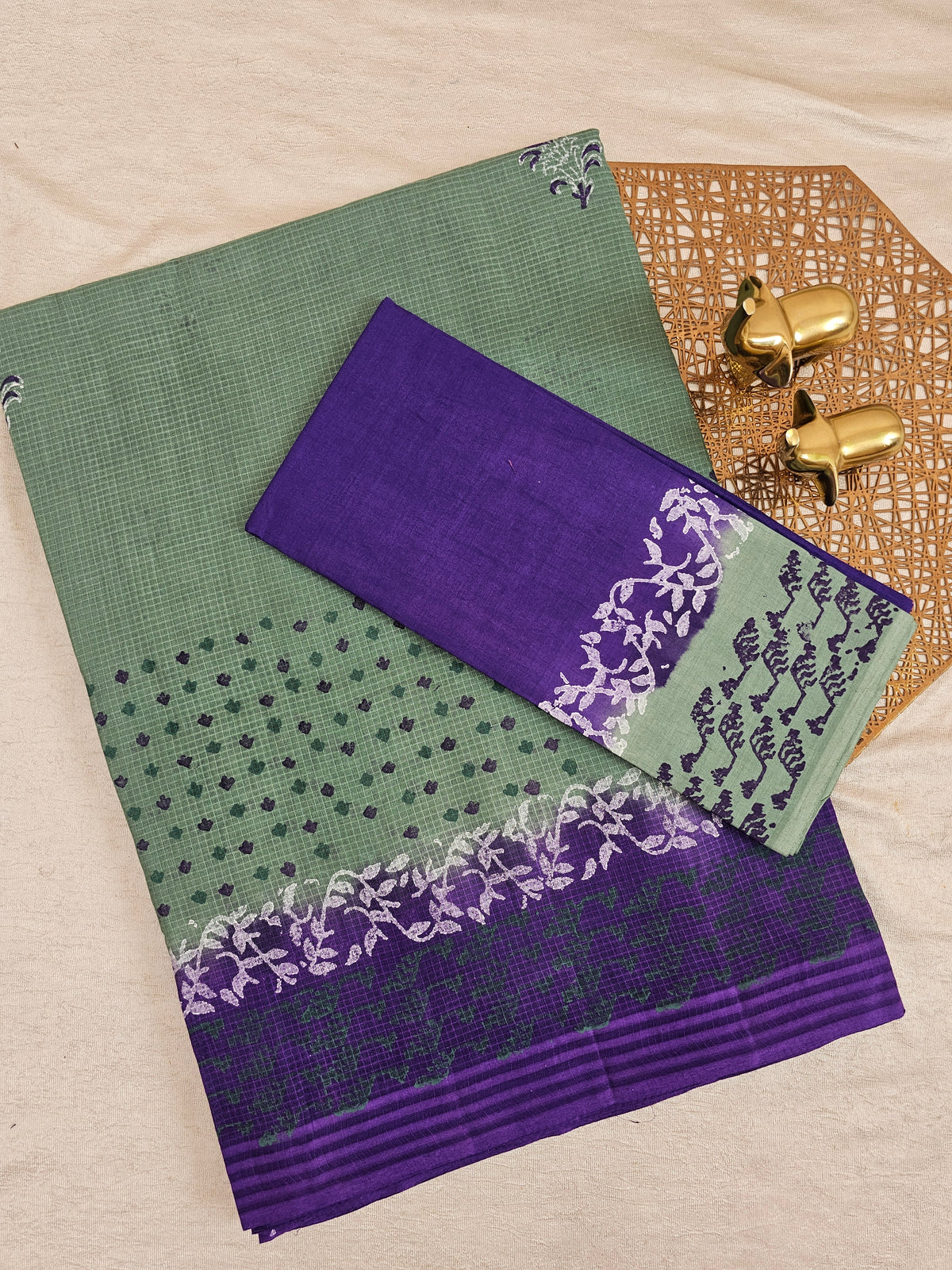 Pure Cotton with Checks Hand Block Prints - Sea Green with Violet
