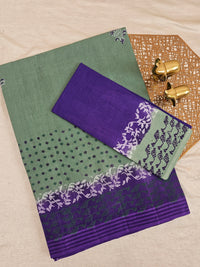 Pure Cotton with Checks Hand Block Prints - Sea Green with Violet