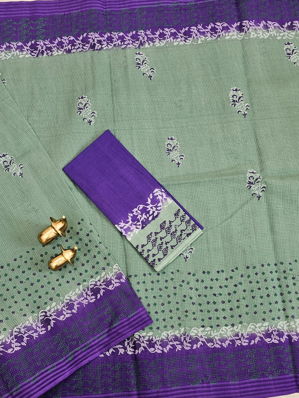 Pure Cotton with Checks Hand Block Prints - Sea Green with Violet