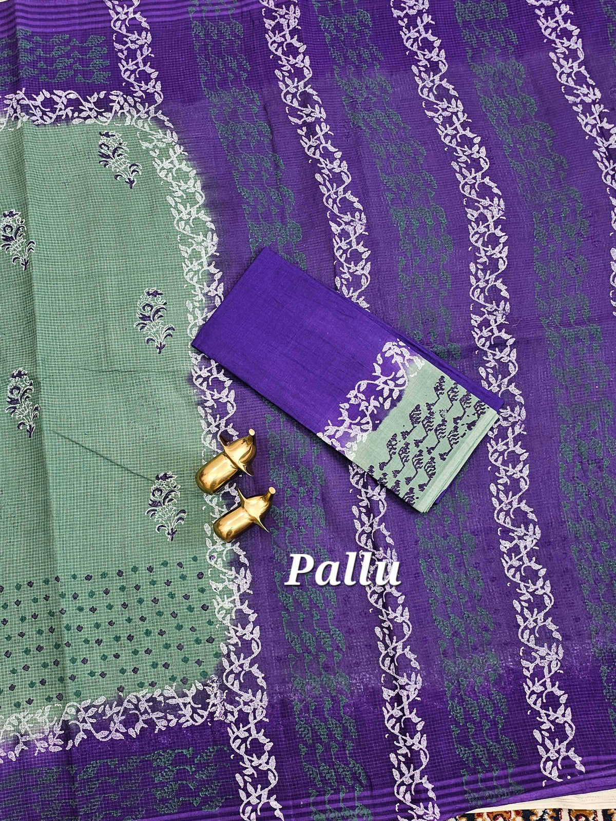 Pure Cotton with Checks Hand Block Prints - Sea Green with Violet