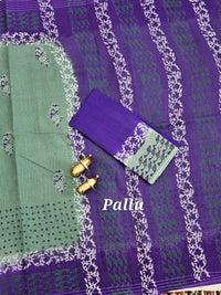 Pure Cotton with Checks Hand Block Prints - Sea Green with Violet
