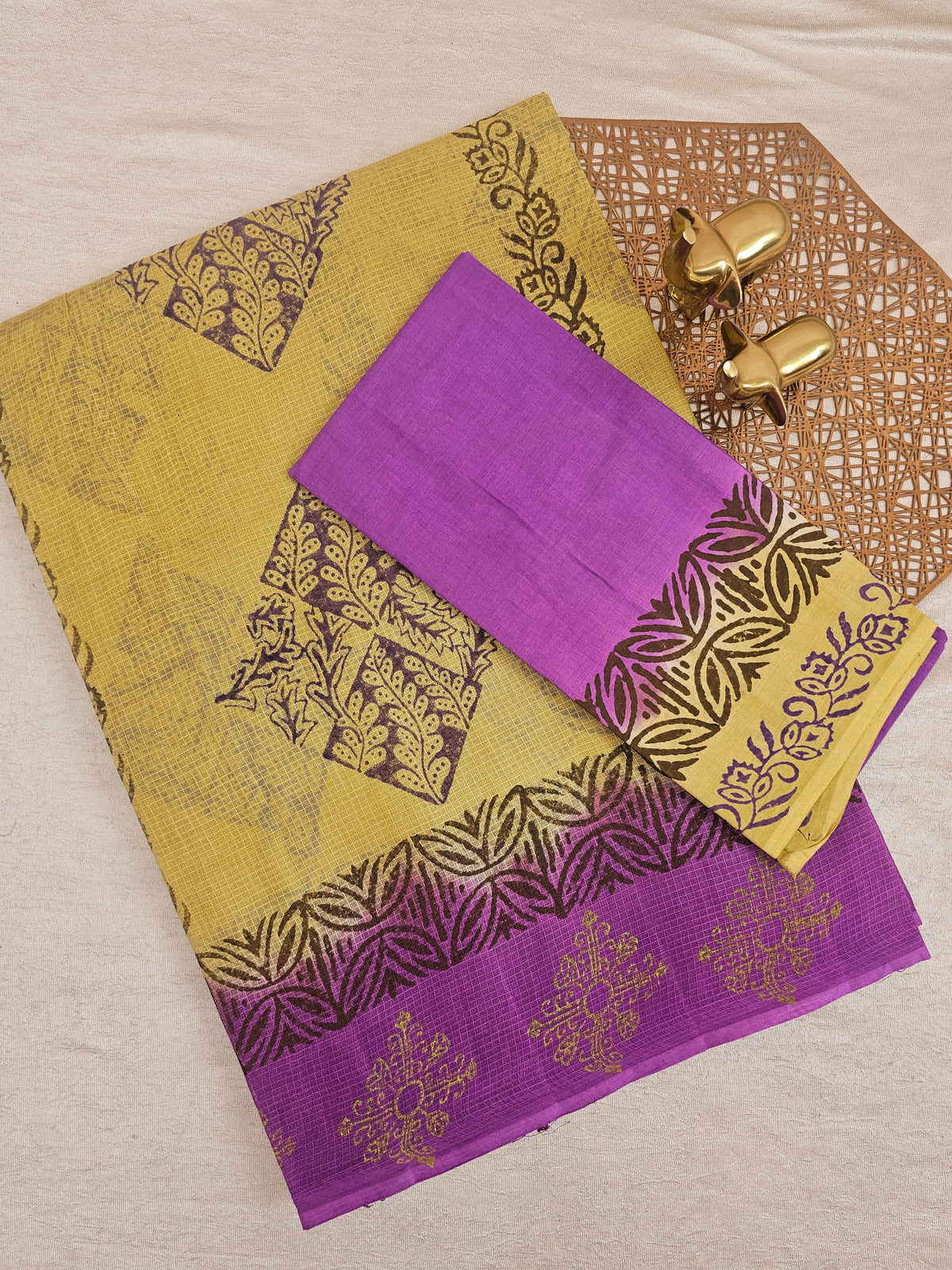 Pure Cotton with Checks Hand Block Prints - Light Mustard Yellow with Purple