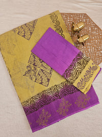 Pure Cotton with Checks Hand Block Prints - Light Mustard Yellow with Purple