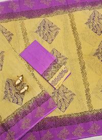 Pure Cotton with Checks Hand Block Prints - Light Mustard Yellow with Purple