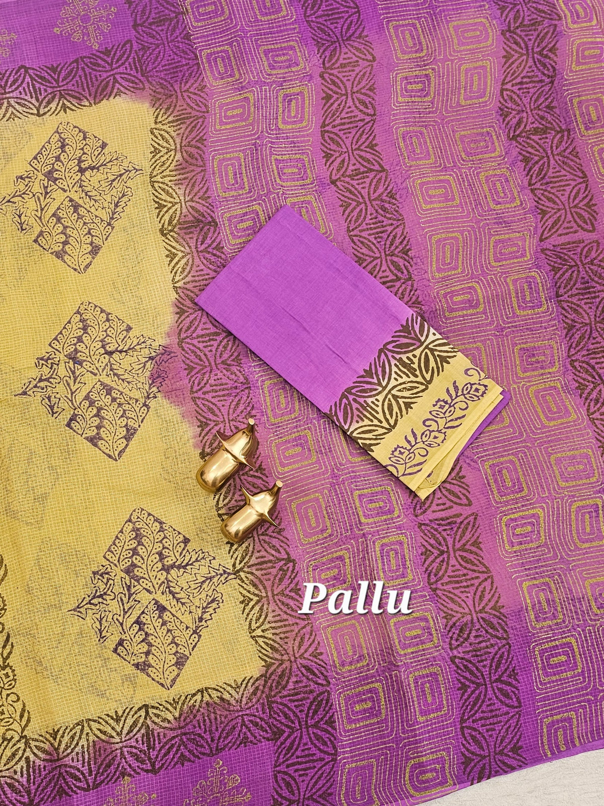 Pure Cotton with Checks Hand Block Prints - Light Mustard Yellow with Purple