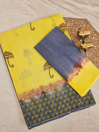 Pure Cotton with Checks Hand Block Prints - Yellow with Grey