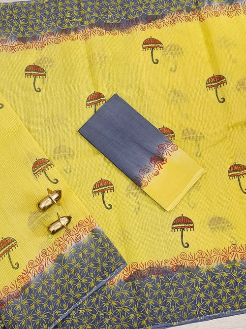 Pure Cotton with Checks Hand Block Prints - Yellow with Grey