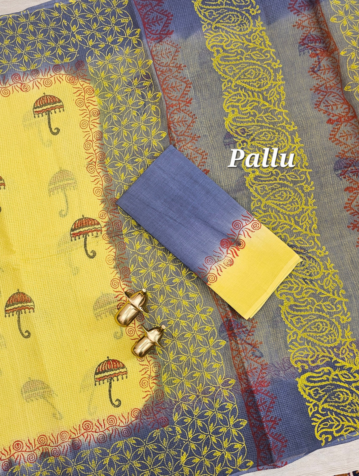 Pure Cotton with Checks Hand Block Prints - Yellow with Grey