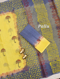 Pure Cotton with Checks Hand Block Prints - Yellow with Grey