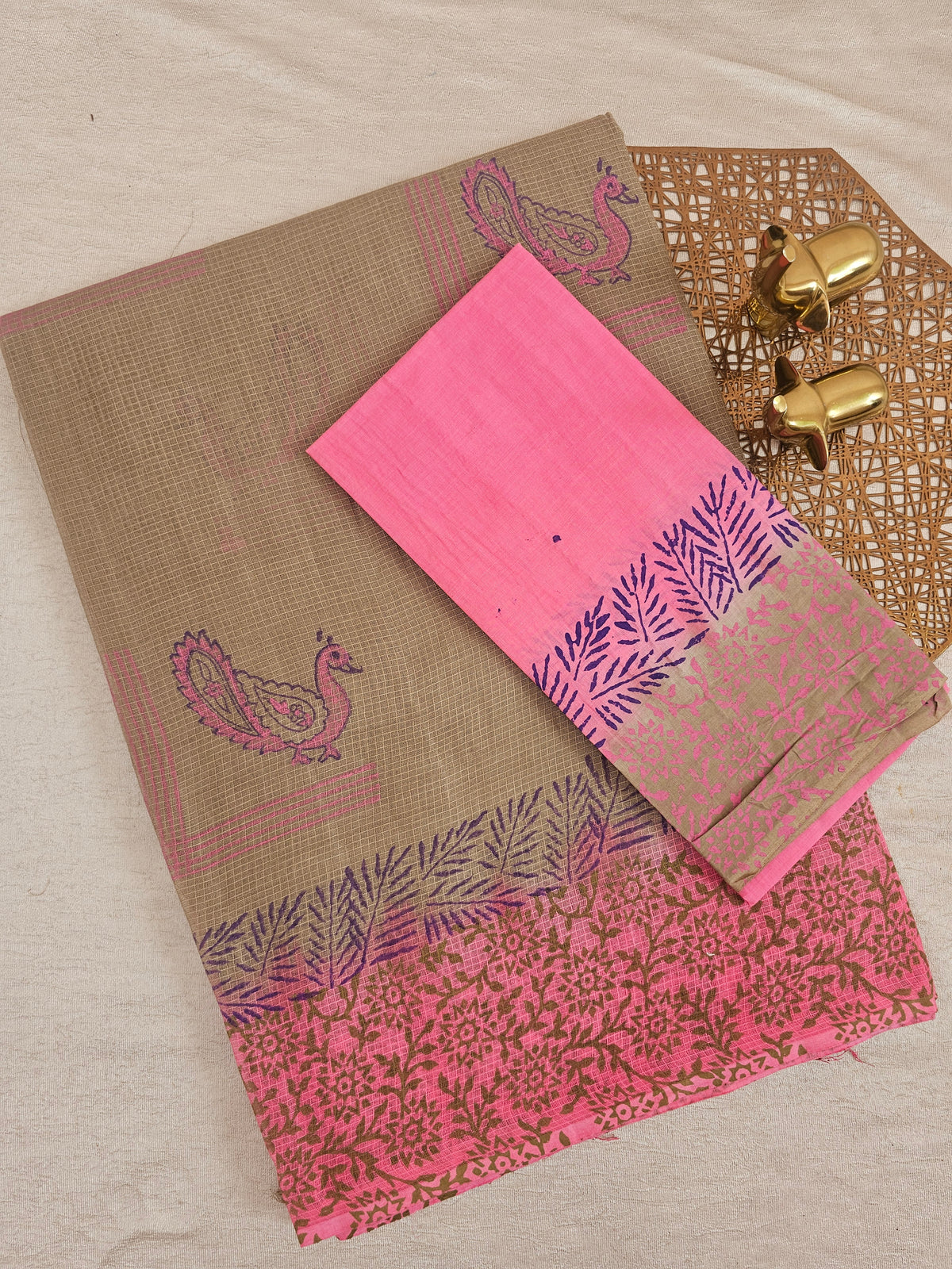Pure Cotton with Checks Hand Block Prints - Dark Beige with Pink