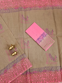 Pure Cotton with Checks Hand Block Prints - Dark Beige with Pink