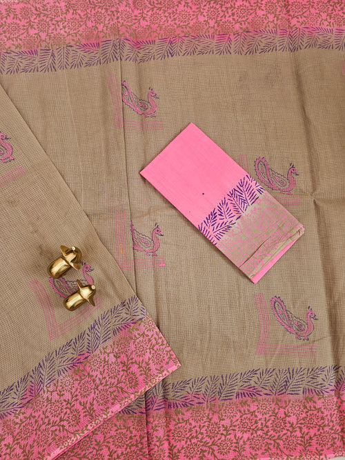 Pure Cotton with Checks Hand Block Prints - Dark Beige with Pink