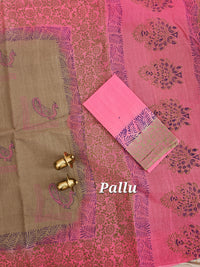 Pure Cotton with Checks Hand Block Prints - Dark Beige with Pink