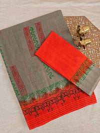 Pure Cotton with Checks Hand Block Prints - Dark Grey with Orange