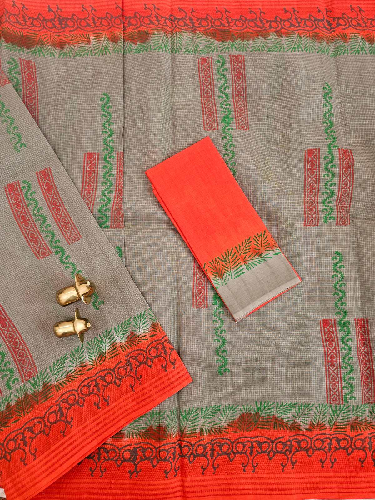 Pure Cotton with Checks Hand Block Prints - Dark Grey with Orange