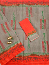 Pure Cotton with Checks Hand Block Prints - Dark Grey with Orange