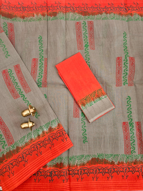 Pure Cotton with Checks Hand Block Prints - Dark Grey with Orange