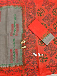 Pure Cotton with Checks Hand Block Prints - Dark Grey with Orange