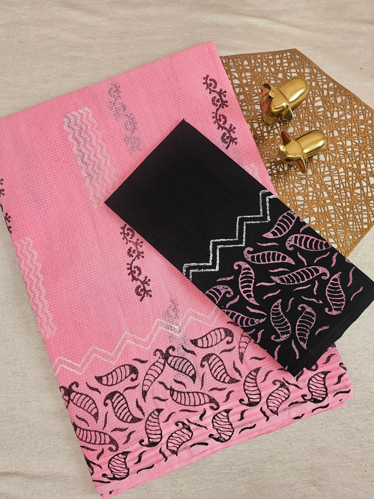 Pure Cotton with Checks Hand Block Prints - Pink with Black