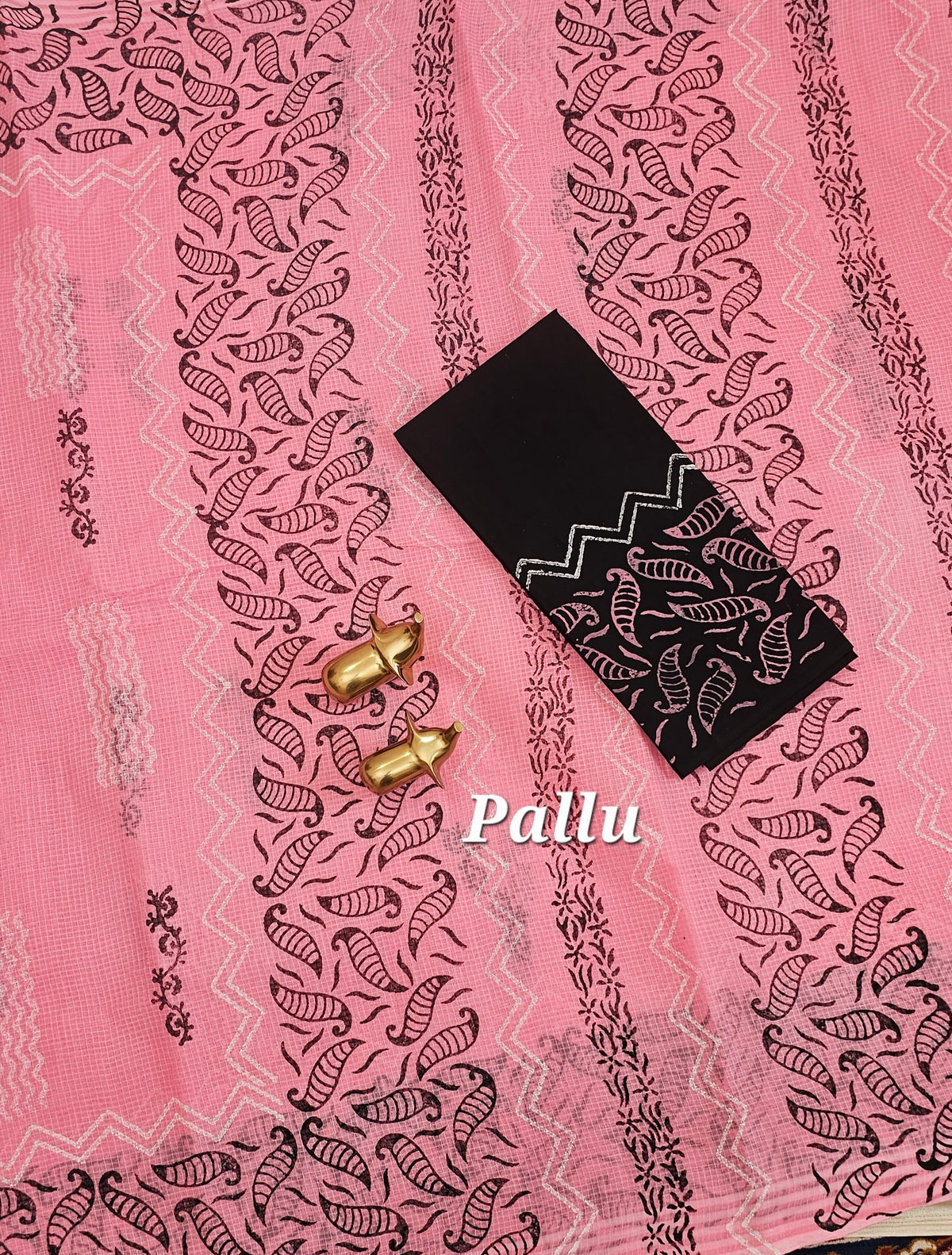 Pure Cotton with Checks Hand Block Prints - Pink with Black