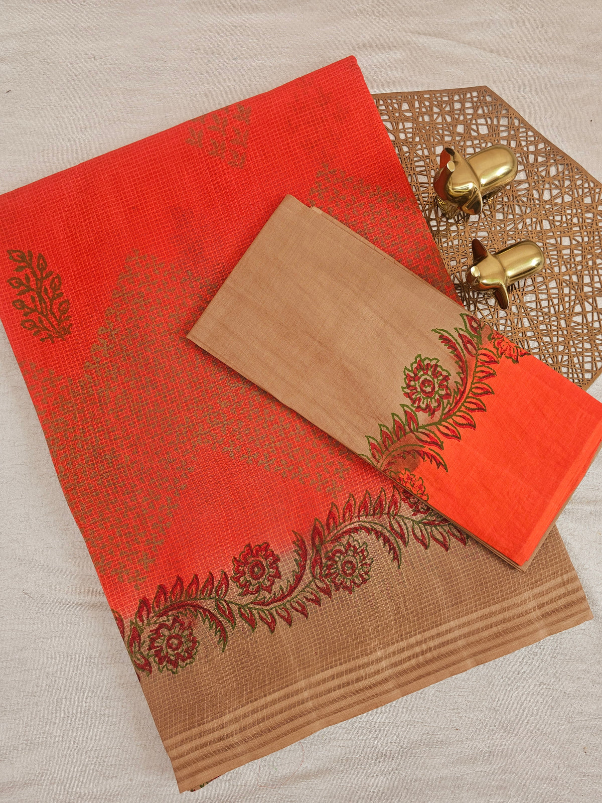 Pure Cotton with Checks Hand Block Prints - Orange with Beige