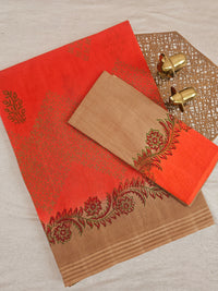 Pure Cotton with Checks Hand Block Prints - Orange with Beige