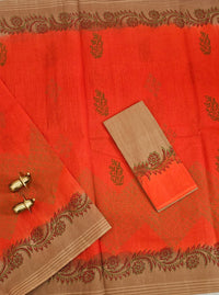 Pure Cotton with Checks Hand Block Prints - Orange with Beige