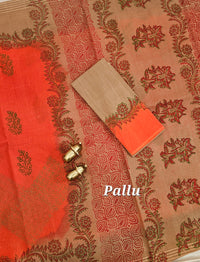 Pure Cotton with Checks Hand Block Prints - Orange with Beige