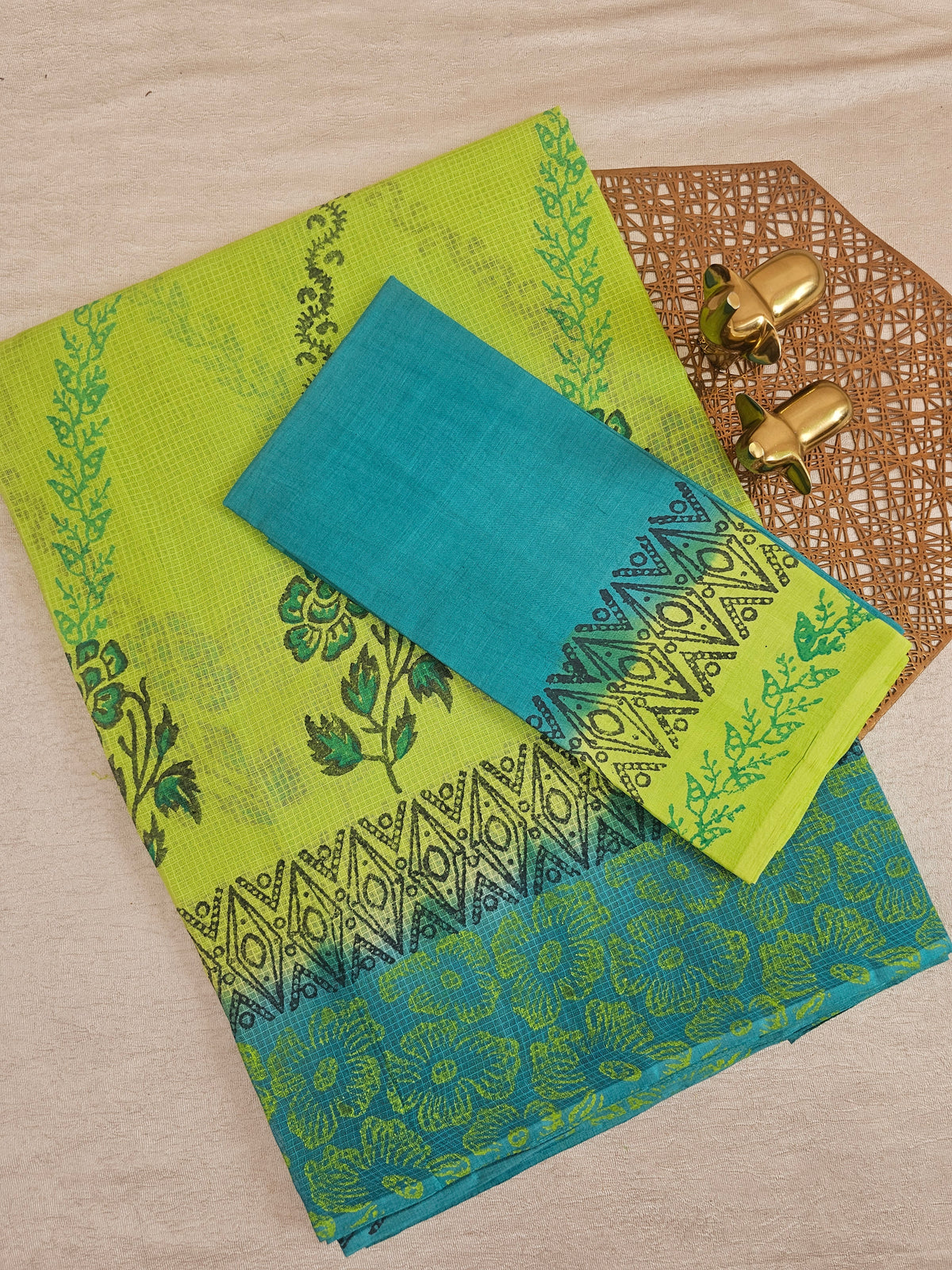 Pure Cotton with Checks Hand Block Prints - Green with Rama Green