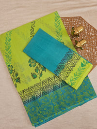 Pure Cotton with Checks Hand Block Prints - Green with Rama Green