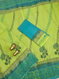 Pure Cotton with Checks Hand Block Prints - Green with Rama Green