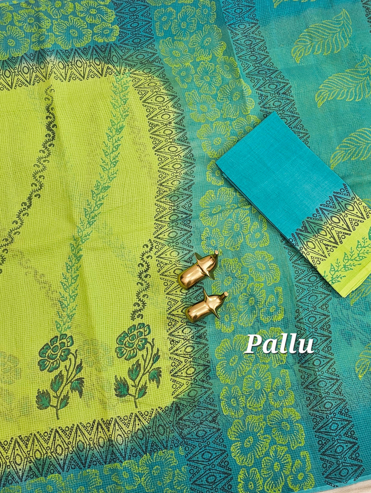 Pure Cotton with Checks Hand Block Prints - Green with Rama Green