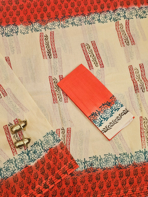 Pure Cotton with Checks Hand Block Prints - Sandal with Orange