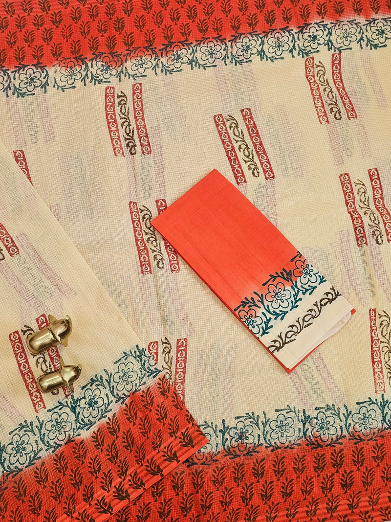 Pure Cotton with Checks Hand Block Prints - Sandal with Orange