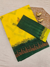 Pure Cotton with Checks Hand Block Prints - Yellow with Bottle Green