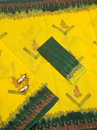Pure Cotton with Checks Hand Block Prints - Yellow with Bottle Green