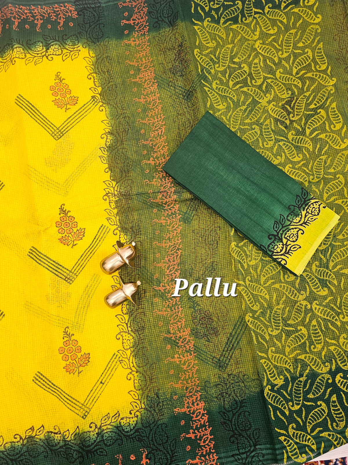 Pure Cotton with Checks Hand Block Prints - Yellow with Bottle Green