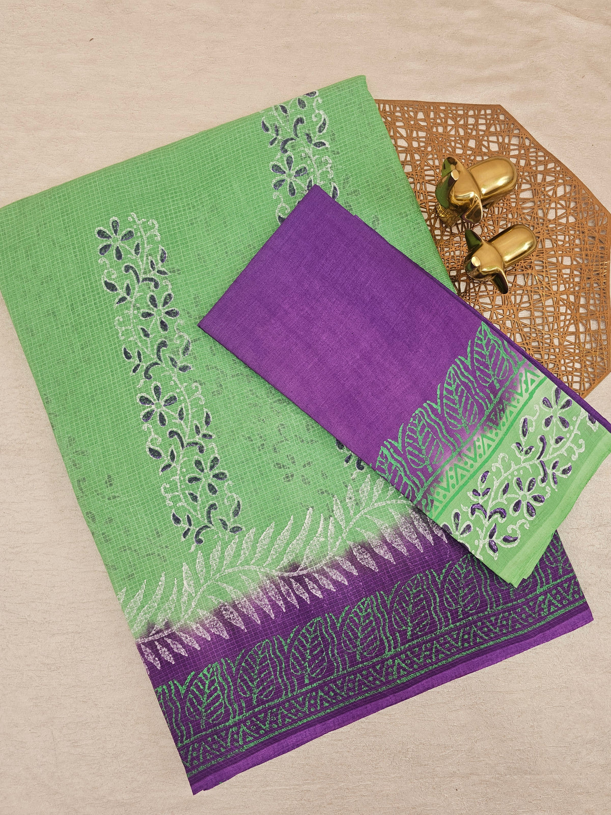 Pure Cotton with Checks Hand Block Prints - Sea Green with Purple