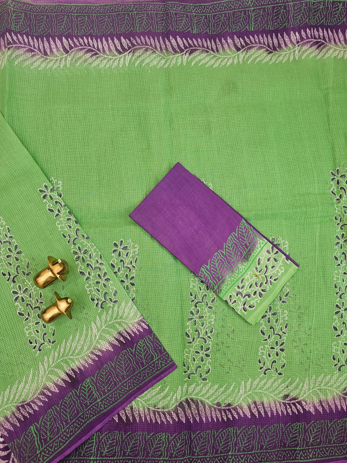 Pure Cotton with Checks Hand Block Prints - Sea Green with Purple