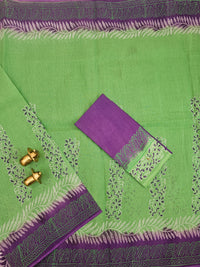 Pure Cotton with Checks Hand Block Prints - Sea Green with Purple