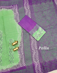Pure Cotton with Checks Hand Block Prints - Sea Green with Purple