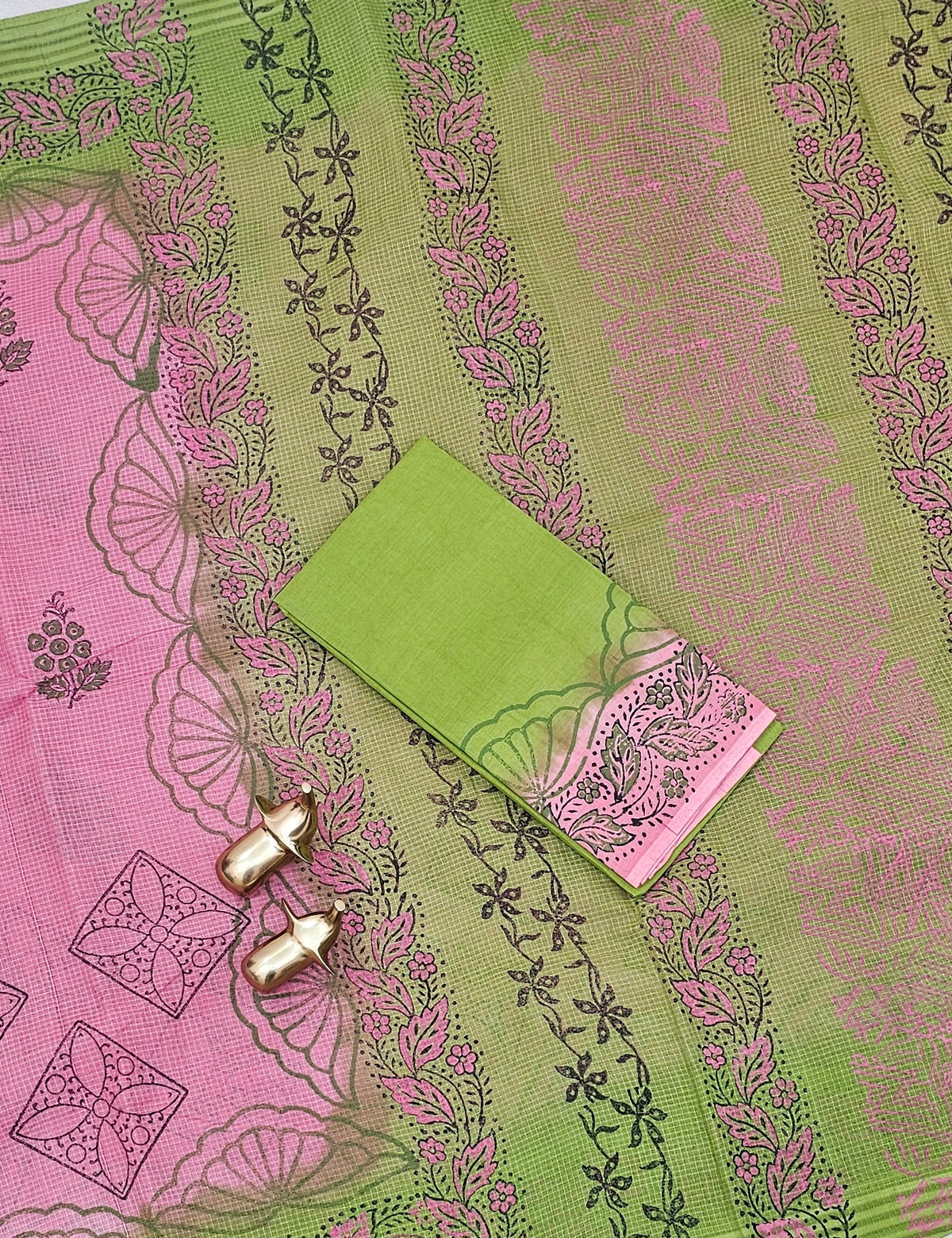 Pure Cotton with Checks Hand Block Prints - Onion Pink with Green