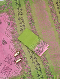 Pure Cotton with Checks Hand Block Prints - Onion Pink with Green