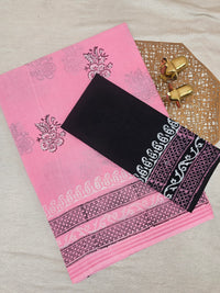 Pure Cotton with Checks Hand Block Prints - Pink with Black