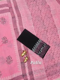 Pure Cotton with Checks Hand Block Prints - Pink with Black
